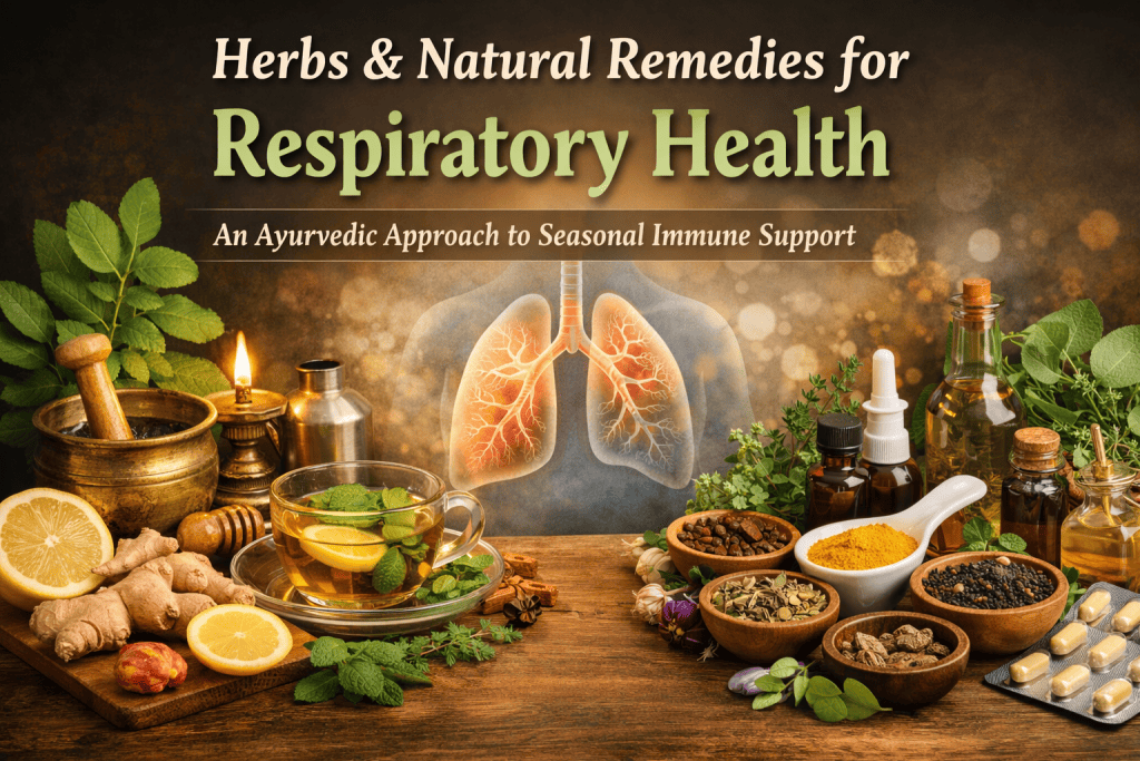 Herbal remedies and Ayurvedic products for respiratory health on a wooden table.