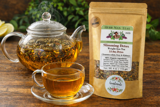 Herbal tea pot, cup, and detox tea bag