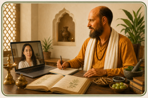 Khabir conducting a traditional Ayurvedic consultation by Zoom