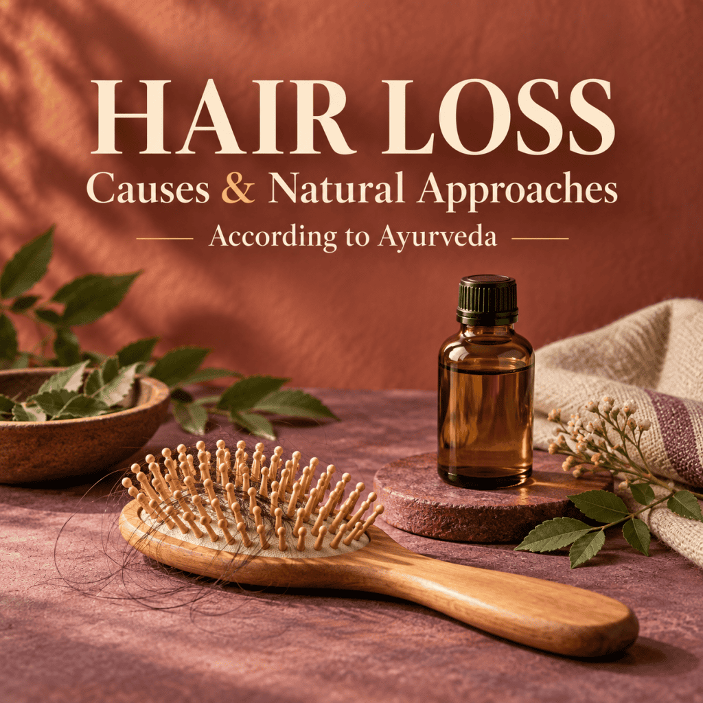Hair loss causes and natural approaches according to Ayurveda with herbs and oils.