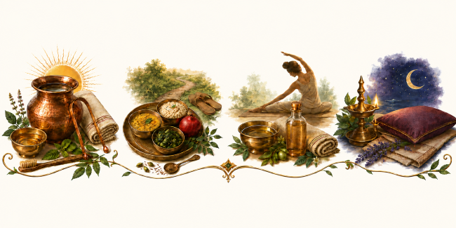 Ayurvedic daily rhythm from morning cleansing and meals to movement, oil care, relaxation, and sleep