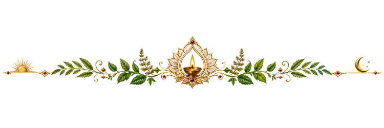 Decorative Ayurvedic daily-cycle divider with a lamp, sun, moon, and green leaves