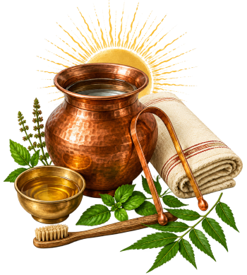 Traditional Ayurvedic morning routine with a copper vessel, tongue scraper, oil, herbs, and cloth