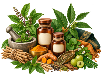 Ayurvedic herbs, roots, spices, traditional containers, and herbal ingredients
