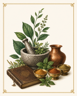 Traditional Ayurvedic herbs, mortar and pestle, herbal powders, copper vessel, and classical herbal text