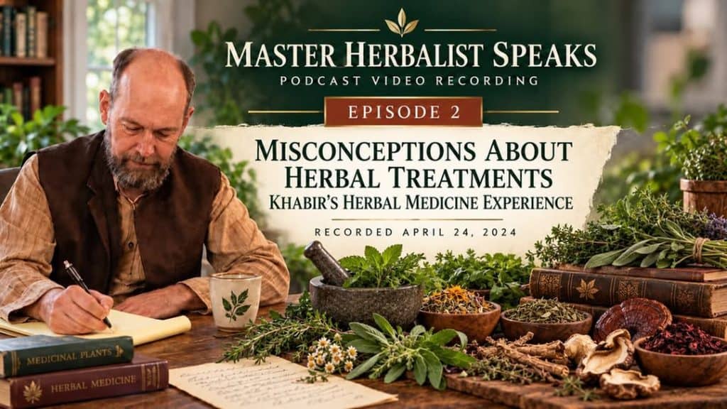 Khabir Southwick with herbs and books for herbal medicine discussion.