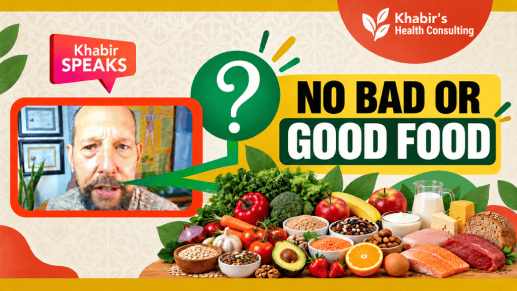 Khabir Southwick discusses the concept of good and bad food with a colorful food display.